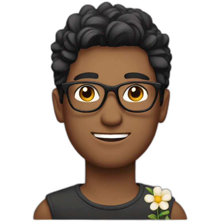 dark hair up guy with glasses and dark t-shirt with flowers print emoji