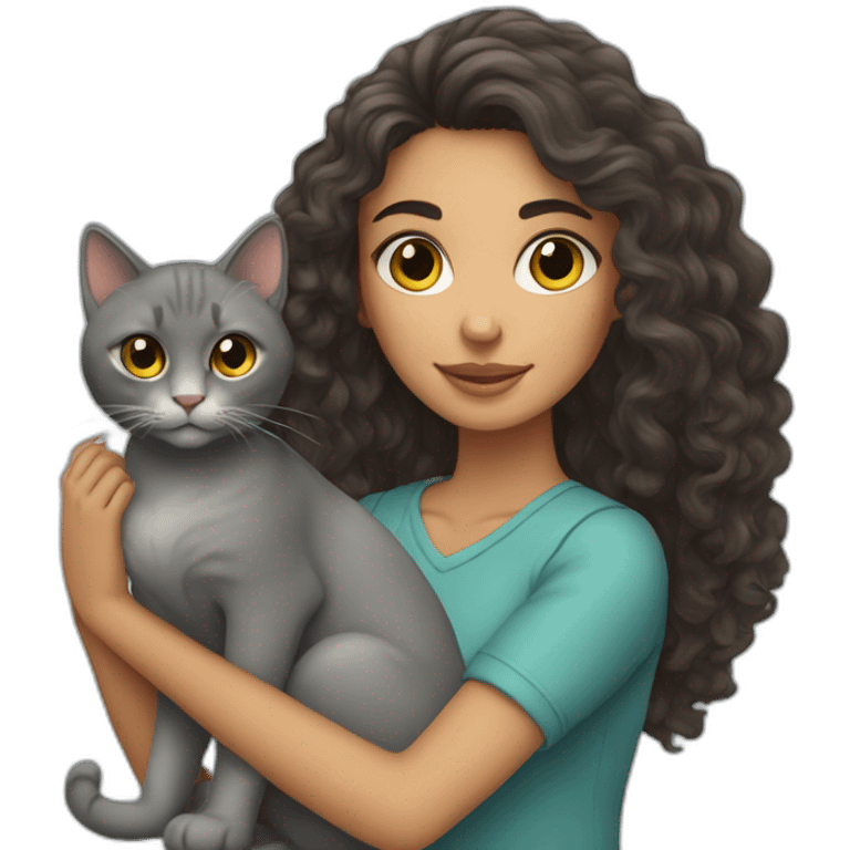 Young brunett woman with long curly hair holding a grey cat emoji