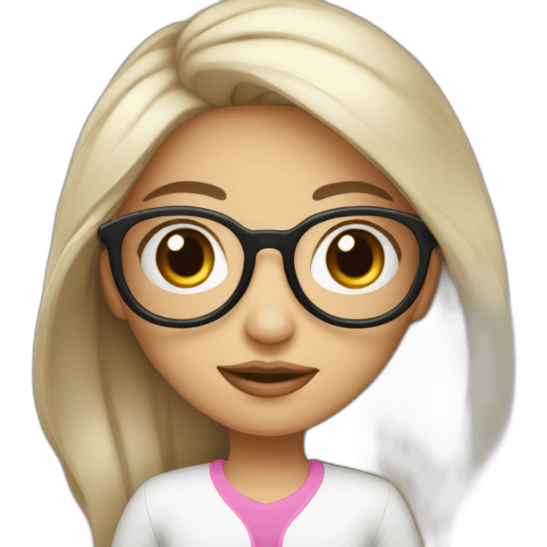 girl programmer with black wavy long hair and white skin and pink lipsand big eyes and Iranian face with rounded glasses emoji