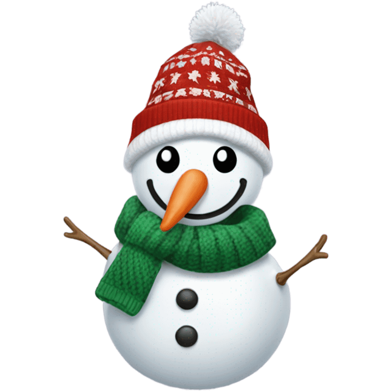 A snowman wearing an ugly Christmas sweater with a funny hat emoji