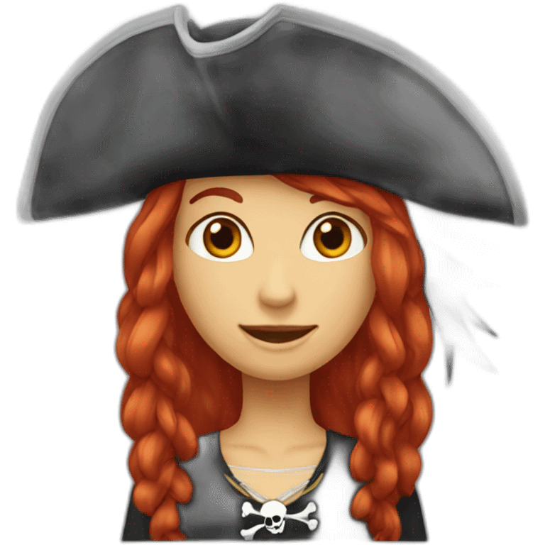 Woman long red hair. Her hair is one long platt on one side Short hair on the other side, pirate hat, skull and crossbones t shirt emoji