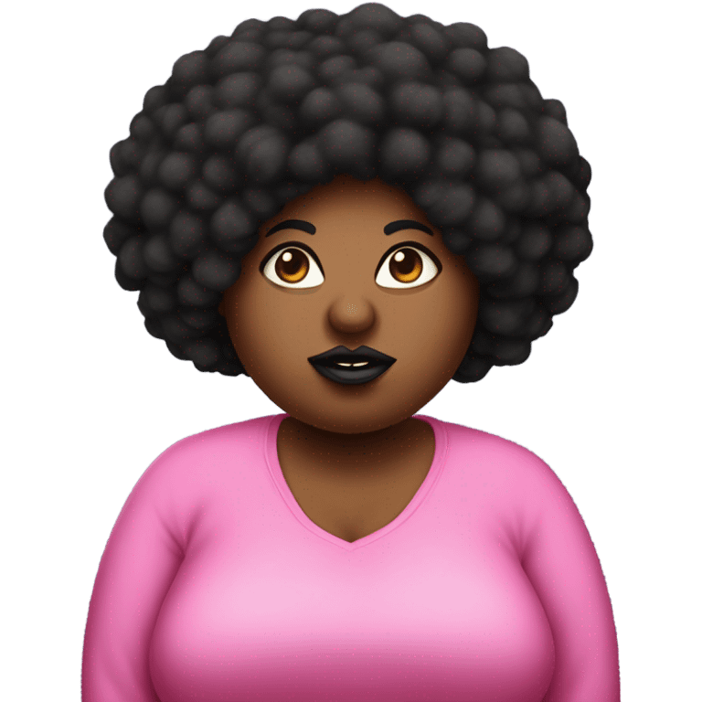 Mad chubby fat black women with a pink shirt that has a big eye ball on her right eye with a long pointy nose with a black short Afro with big lips emoji