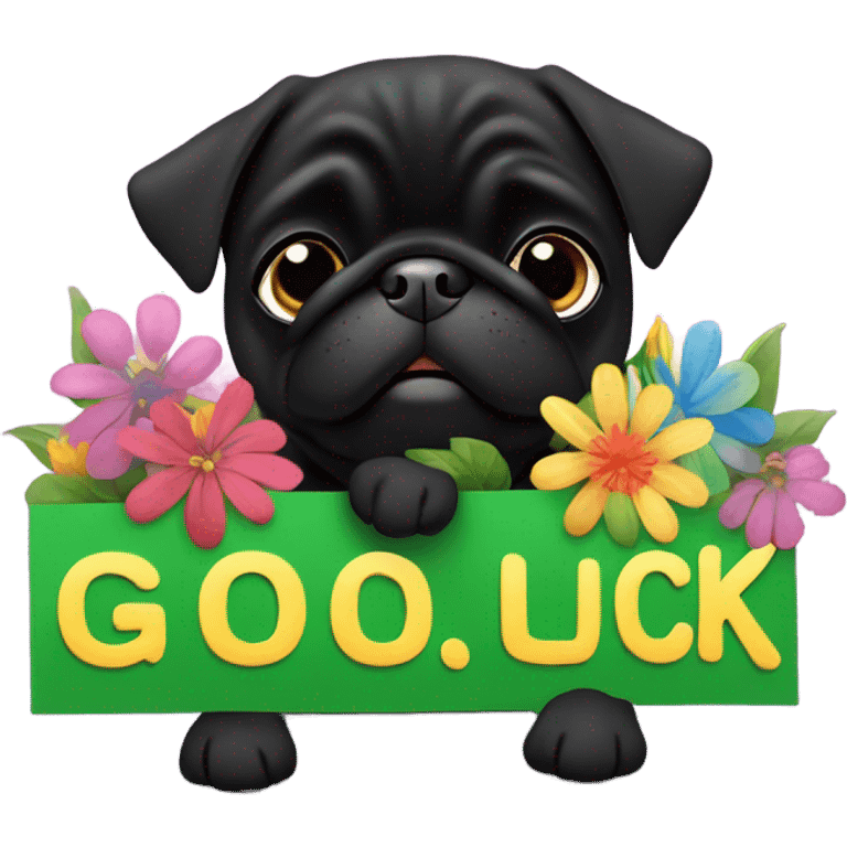 Black pug , surrounded by flowers, holding a green sign that says “good luck”  emoji