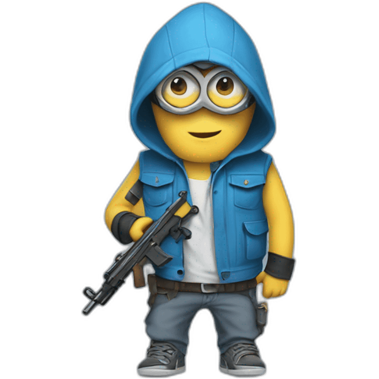 baby minion  in gray pants in a blue sleeveless shirt in a hood and with a collar with two pistols in his hands holds them on both sides raised emoji