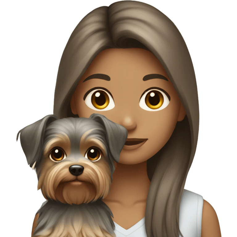 Brunette long hair light tan girl with beige and gray yorkie puppy emoji