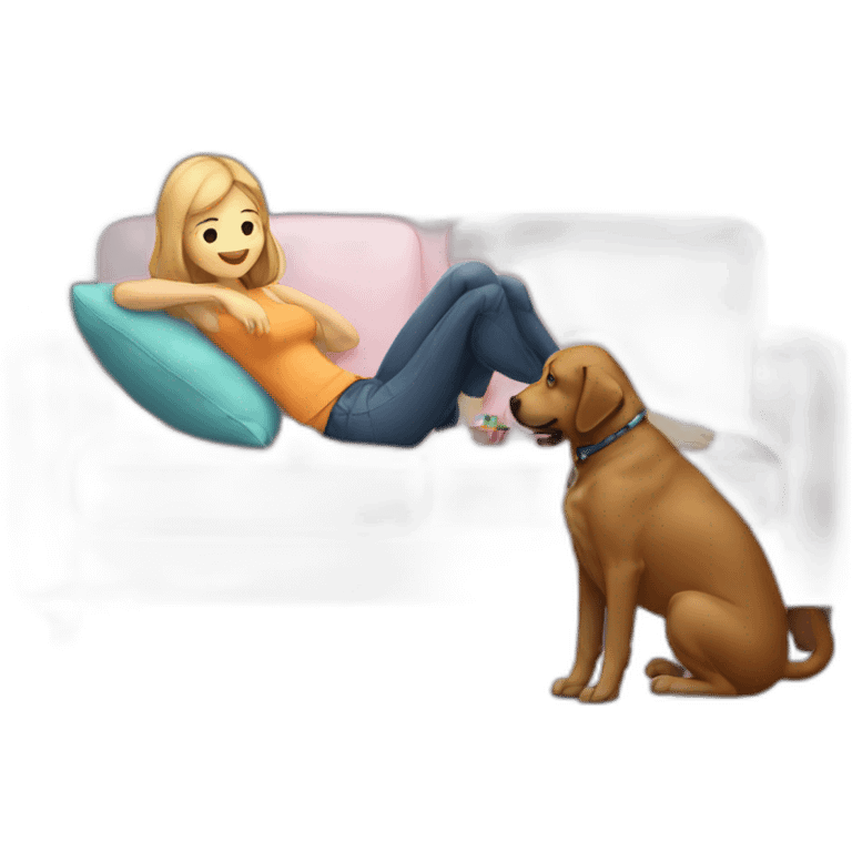 A girl chilling on the couch with his labrador emoji