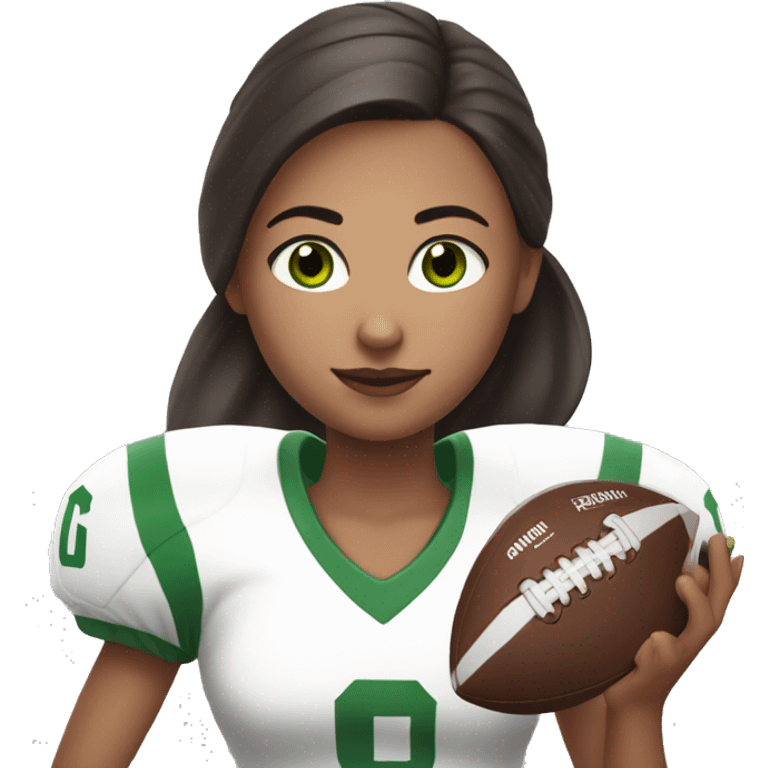 white girl with long, dark brown hair in ponytail, green eyes, wearing  football jersey and holding a football.   emoji