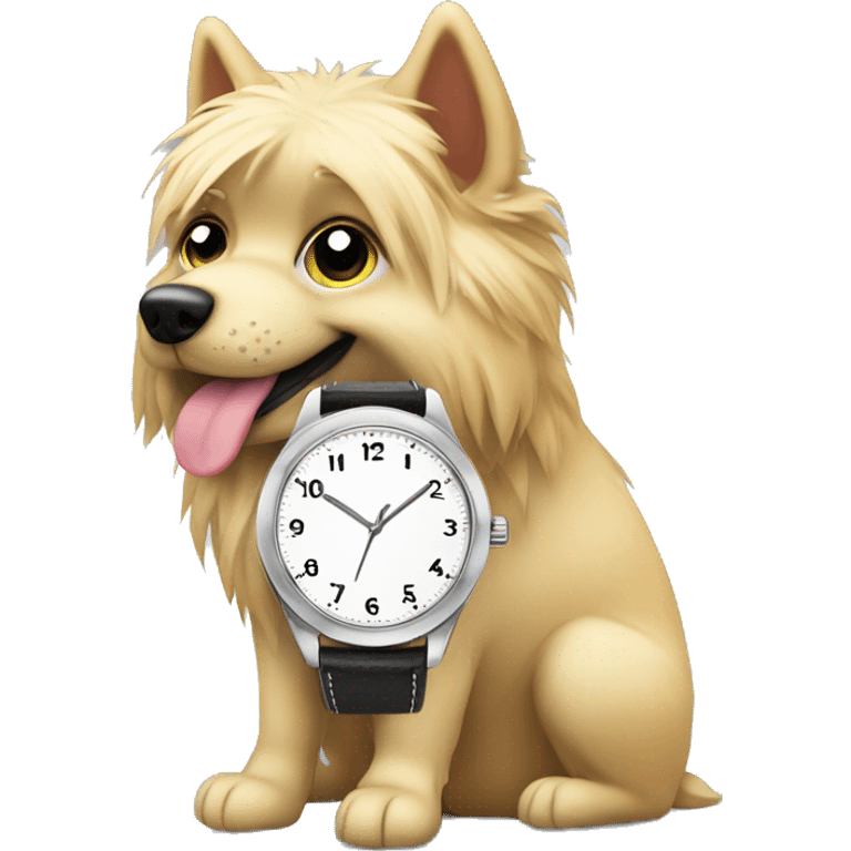 Blonde furry dog looking at wrist watch emoji