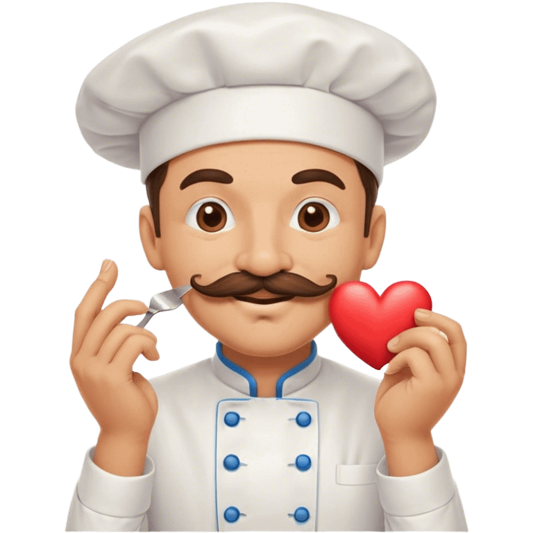 Mustachioed chef with smiling eyes giving a big smooch at his pinched together fingertips with a heart emoji emoji