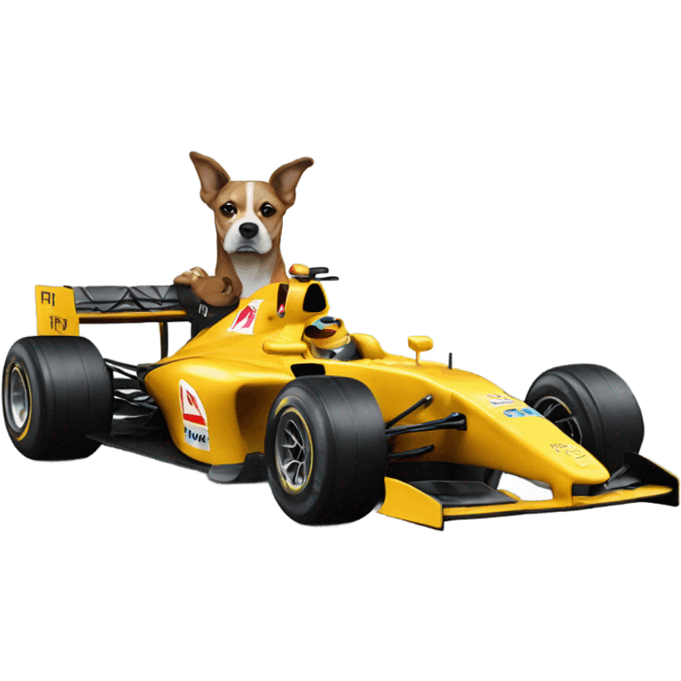 A dog drink coffee in an F1 car emoji