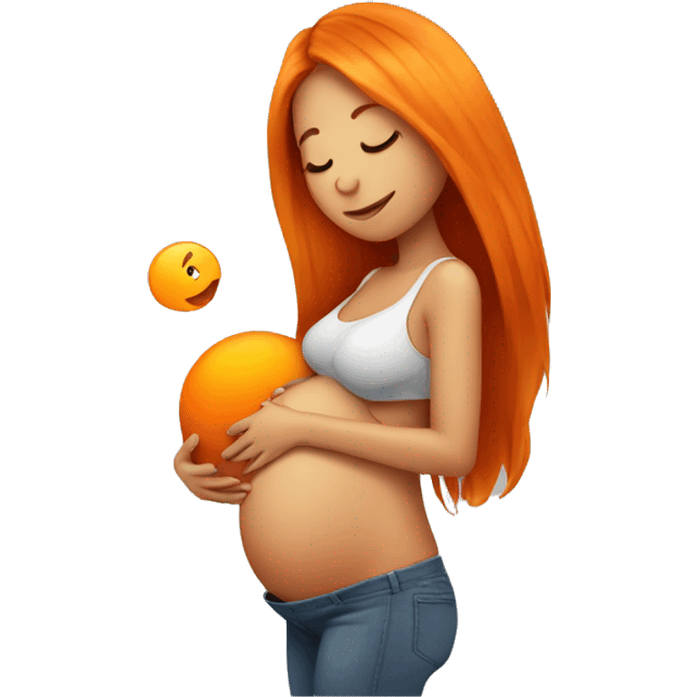 Tan girl with long orange hair holding pregnant stomach emoji