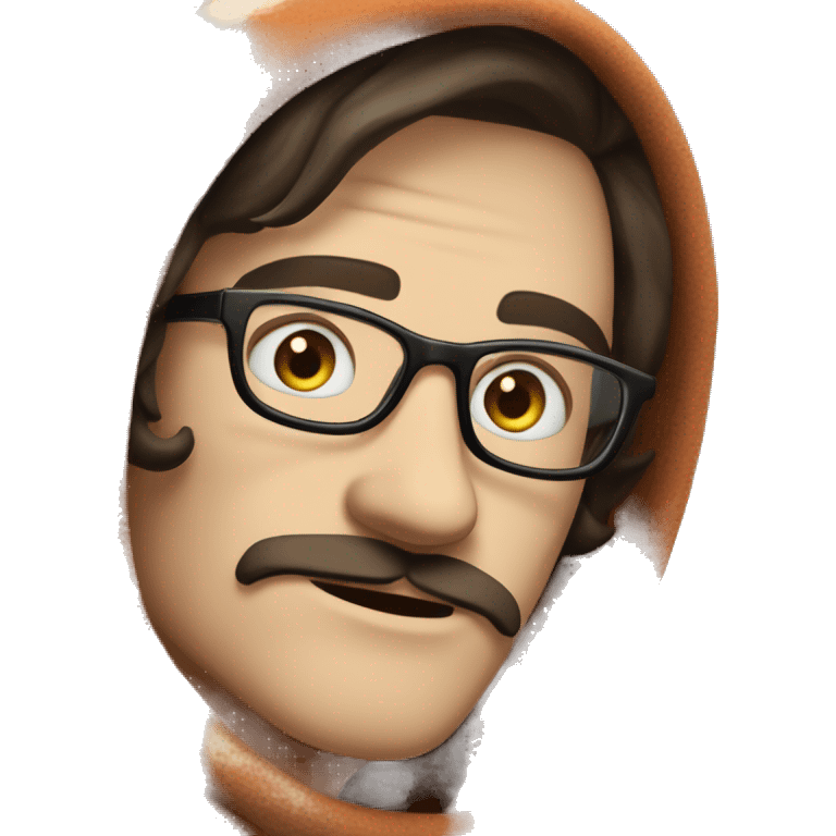 Pale Guy, dark brown narrow hair, moustache and soul patch under mouth, blue eyes, round glasses, covered in blanket emoji