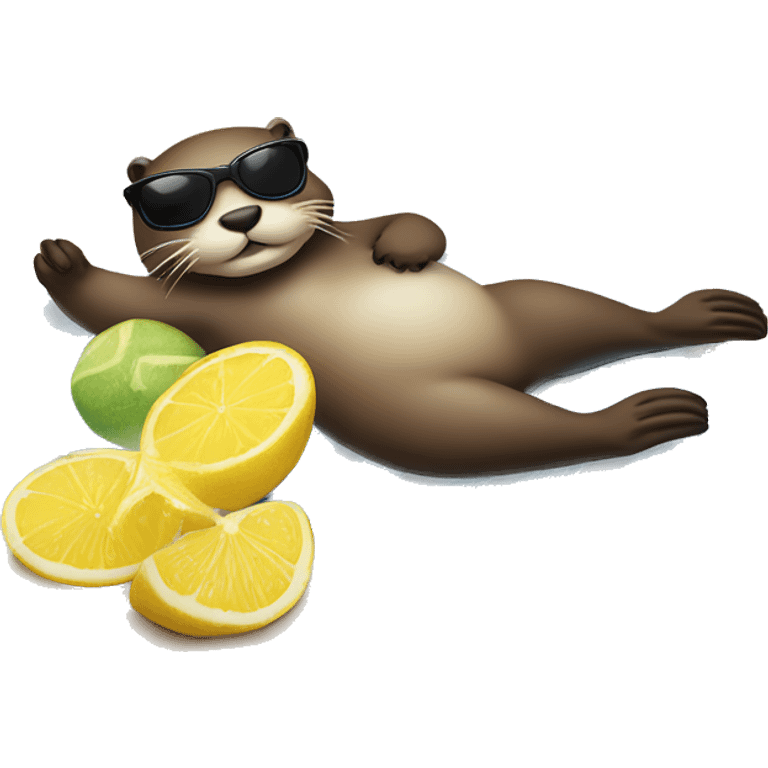 Otter lying on his back on a beach towel with a parasol beside him, sunglasses and lemonade in his hand. emoji