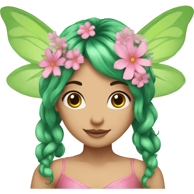 A fairy, green hair, flowers wings, pink dress  emoji