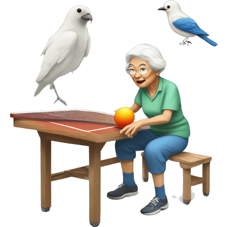 an  old lady climber is playing ping pong with a bird emoji