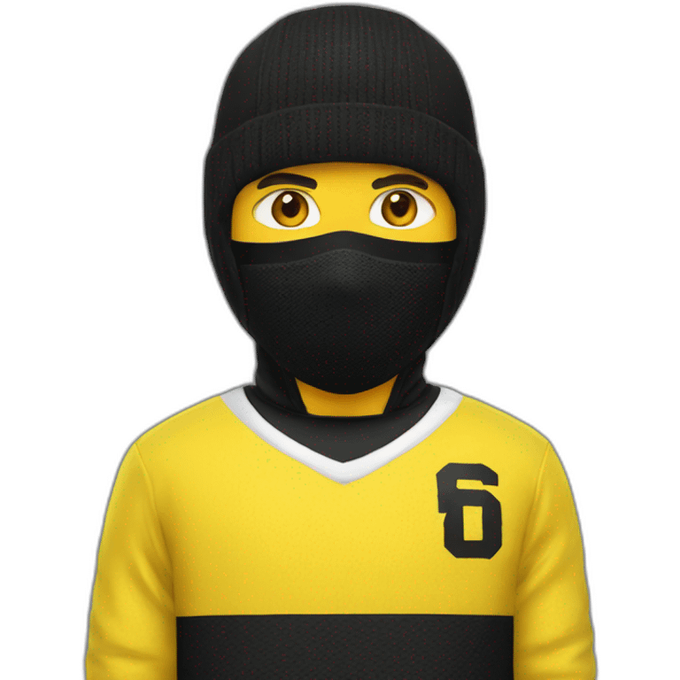 Guy wearing a yellow balaclava and a black and yellow hockey jersey emoji