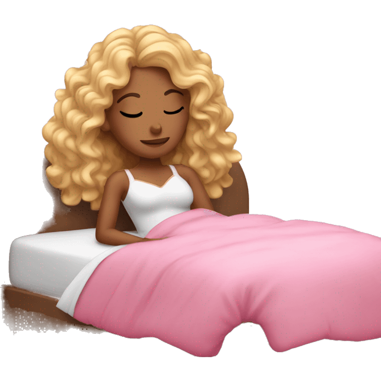 gorgeous brown skin woman with long blonde curly hair sleeping on pink princess bed emoji