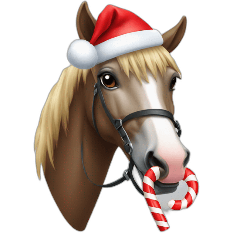 a horse with a Santa hat eating a candy cane emoji