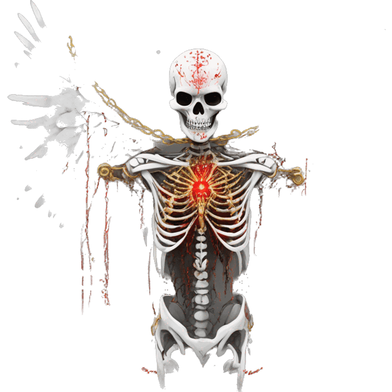 White skeleton zombie person covered in golden chains and black graffiti scribbles and red and silver doodles wings made of neon lightning snowing snowflakes emoji