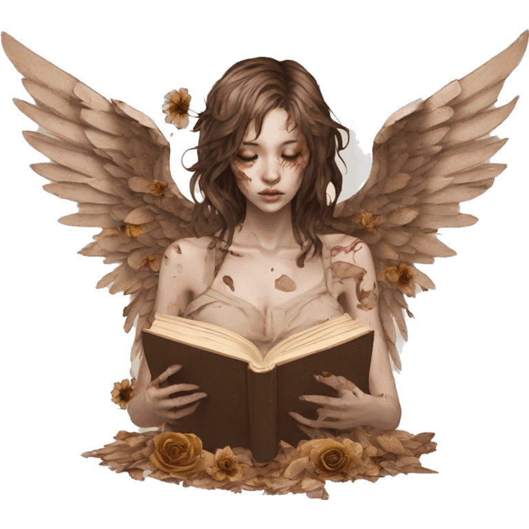 Zombie Library book bookworm academia aesthetic beige angel fallen angel tattoos with broken wing damaged wing torn wing, made of newspaper cuttings and dried flowers brown flowers emoji