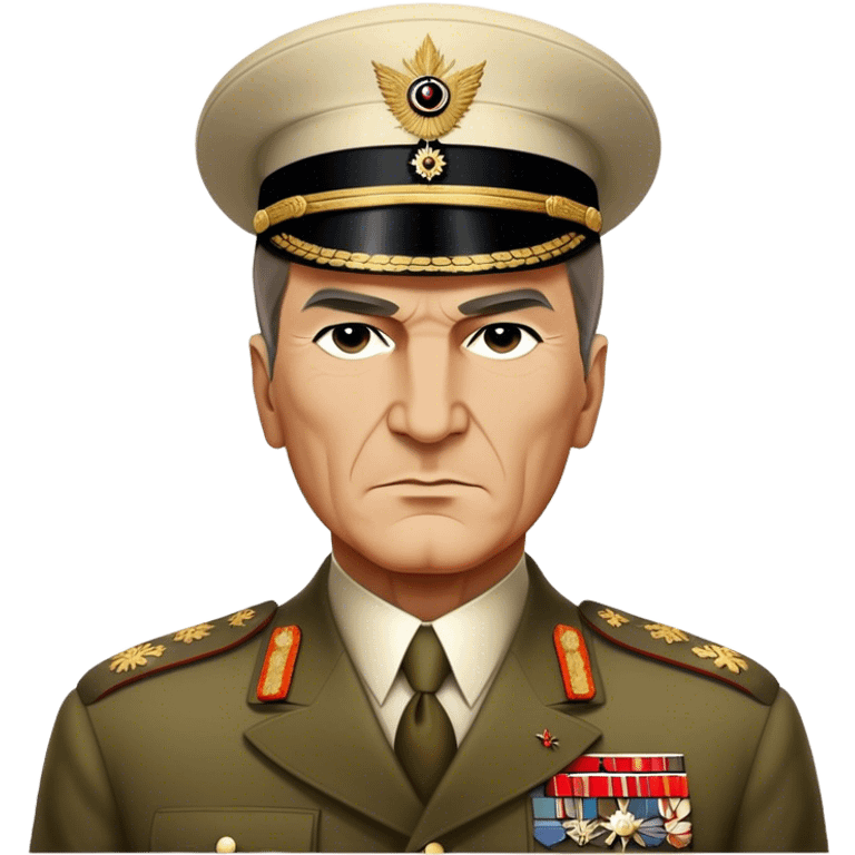 Cinematic Realistic Mustafa Kemal Atatürk Portrait Emoji, depicted as a visionary statesman with a determined gaze and period military attire, rendered with rich textures and dynamic historical lighting that captures his transformative leadership. emoji