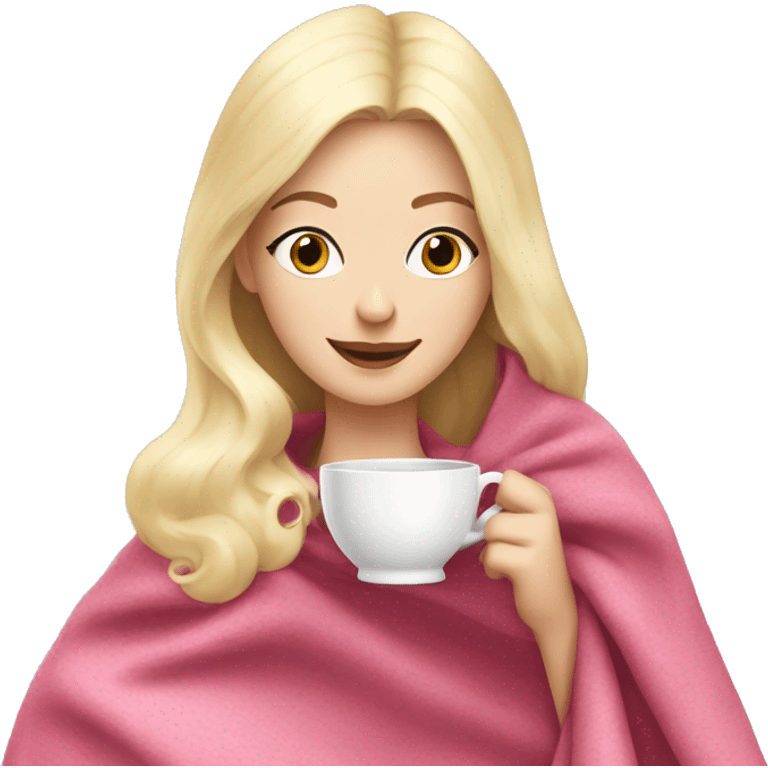 White blonde Girl drinking tea with pink blanket on emoji