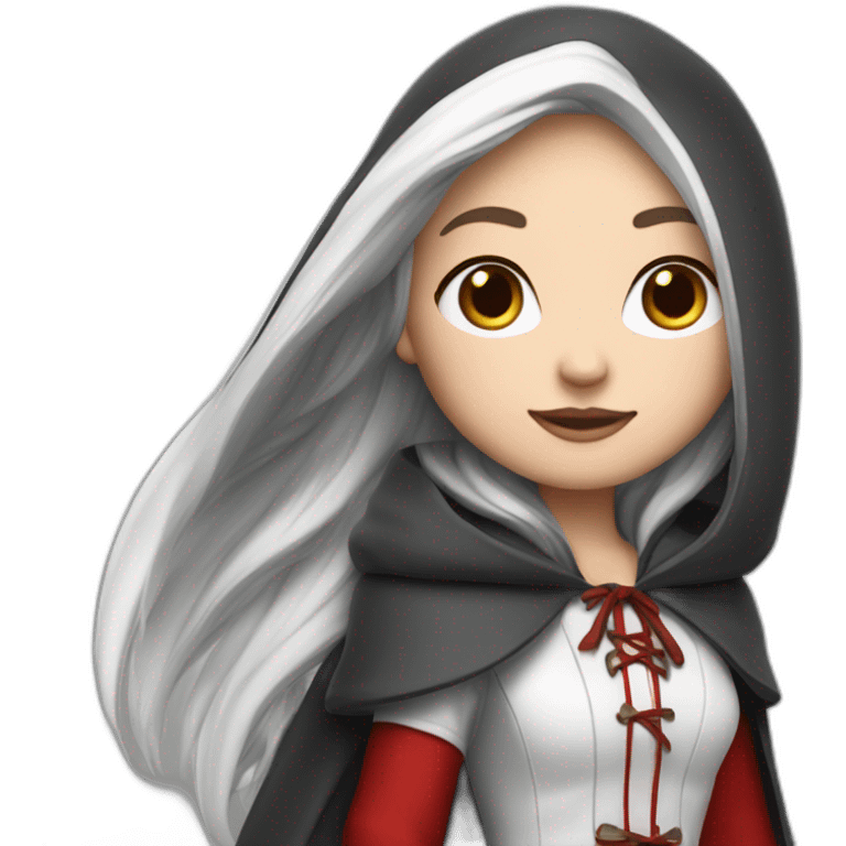 White girl long straight black hair with white streak hair and red ridding hood emoji