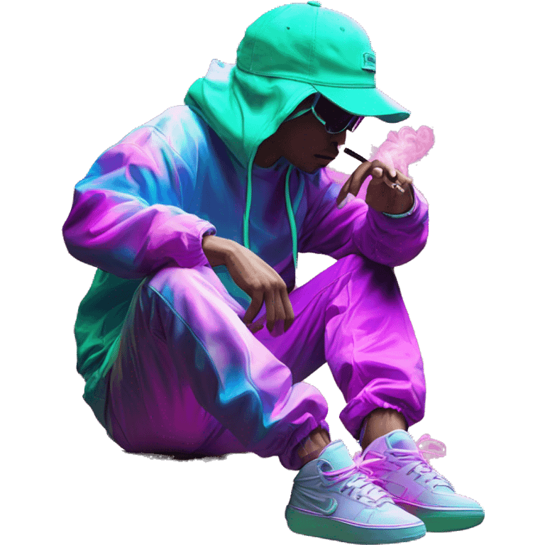 Multicoloured neon Vaporwave person smoking wearing hoodie dancing hip hop bucket hat tropical Skater fashion aesthetic baggy clothes graphic t shirt 420 emoji