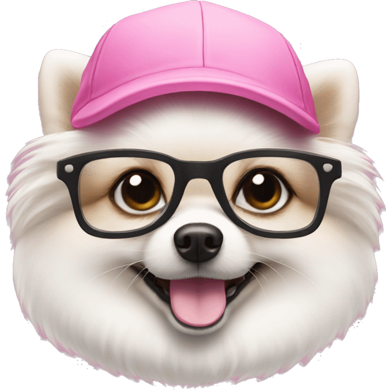 A white Pomeranian in a pink cap and glasses emoji