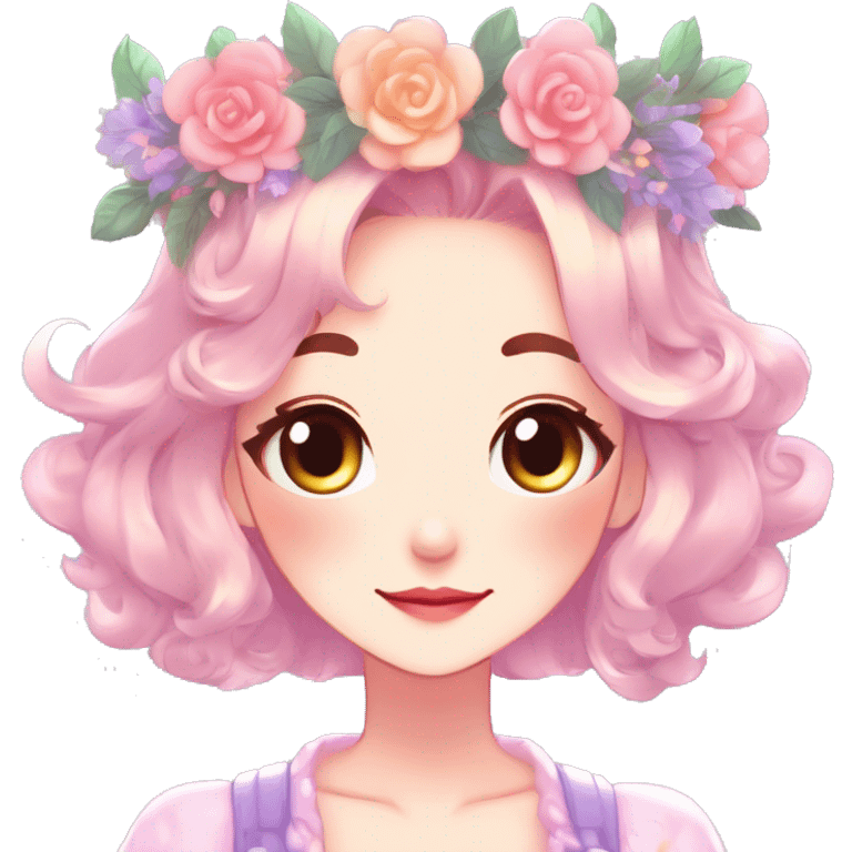 Gorgeous Shiny Colorful Pastel Anime Style Mature Lady with blushing face and pretty hair with a flower crown and antlers pastelcore kawaii cottagecore fairycore aesthetic trending style emoji