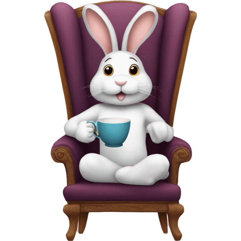 Bunny sitting on a chair drinking a cup of tea with a clock  emoji