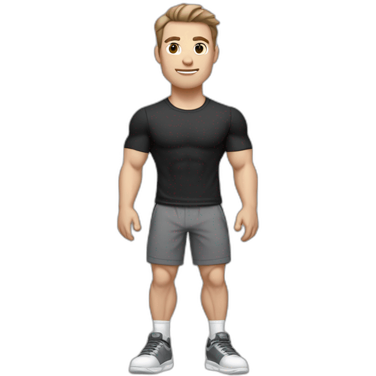 Pale skinned Fit Man With the biceps and dark brown hair in black shirt, gray sports shorts and white Sneakers Relies on the plane emoji