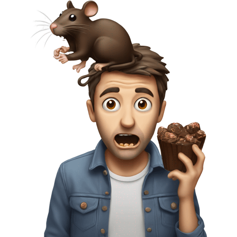 A scared man eating chocolate with a rat on his head emoji