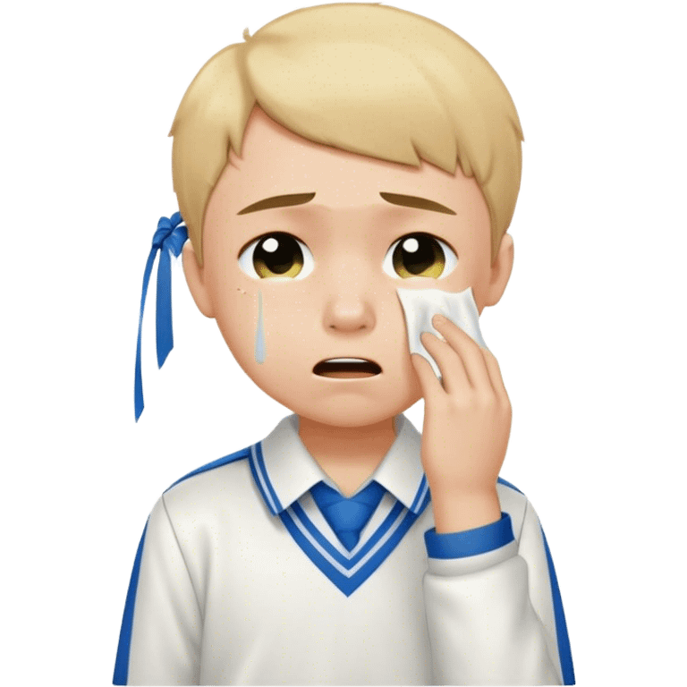 Create an emoji of a young boy student crying. He is wearing a school uniform, including a shirt and pants, and has short hair. The boy is visibly upset, with tears streaming down his face, and he is wiping his eyes with his hand. The background should be simple to emphasize his emotional state, conveying the feeling of being overwhelmed with school stress or personal struggles emoji