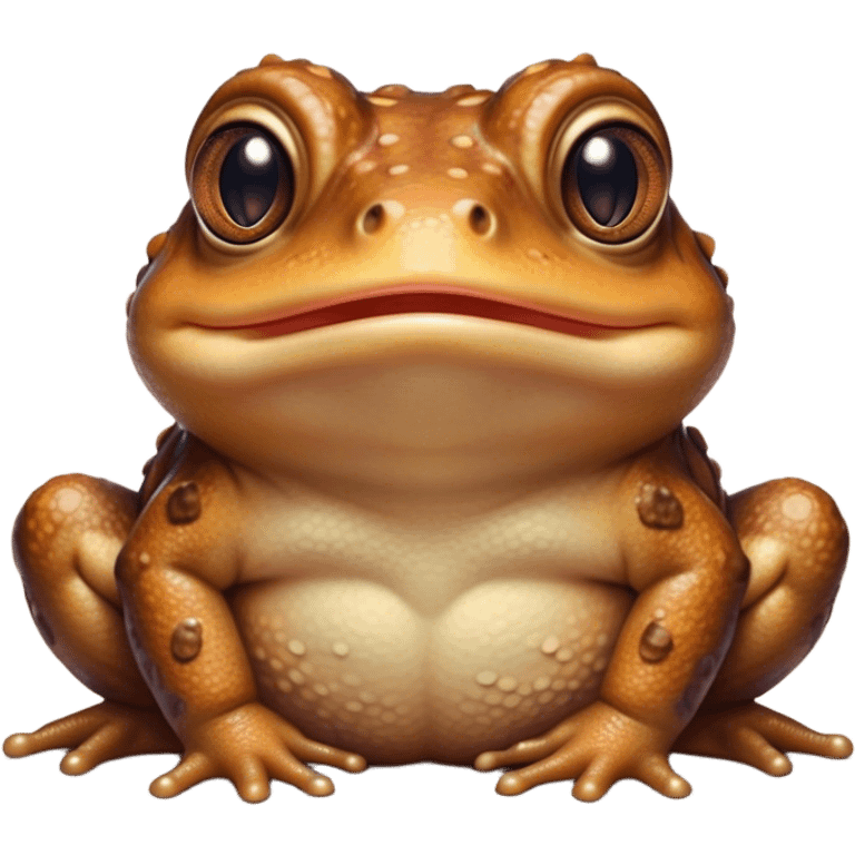 Cinematic Cute Toad Portrait Emoji, Head tilted playfully and inquisitively, featuring a charmingly plump form with bumpy, textured skin in rich earthy hues and round, sparkling eyes full of gentle mischief, Simplified yet irresistibly adorable features, highly detailed, glowing with a warm, friendly woodland glow, high shine, affectionate and lively, stylized with a touch of whimsical nature charm, soft glowing outline, capturing the essence of a mischievous yet loving toad that seems as if it could hop out of the screen into your arms! emoji