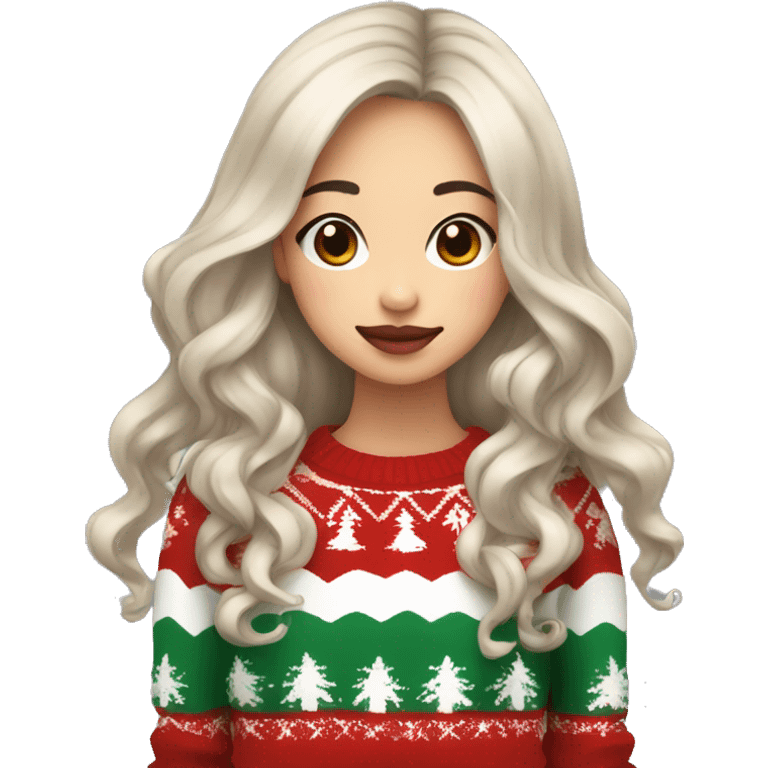 Asian girl with thick lips long wavy hair on the side with Christmas sweater  emoji