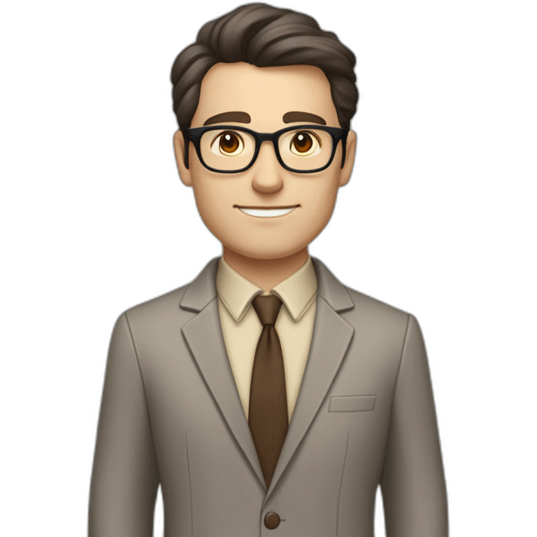 Full height Pale skinned fit man with dark brown hair in gray jacket, beige office shirt, brown tie, brown pants and vintage glasses. His right hand stretched out emoji