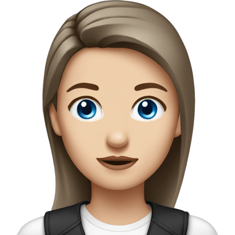 Slavic woman with blue eyes, eyes look up, fair skin, straight gradient medium length hair, eyes makeup, dressed in white T-shirt and office black jacket, one side of hair is tucked behind the ear. emoji