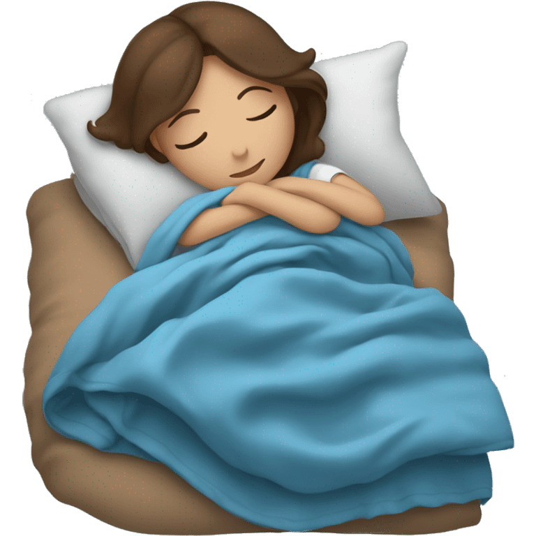 Girl with brown hair sleeping with a blue blanket emoji