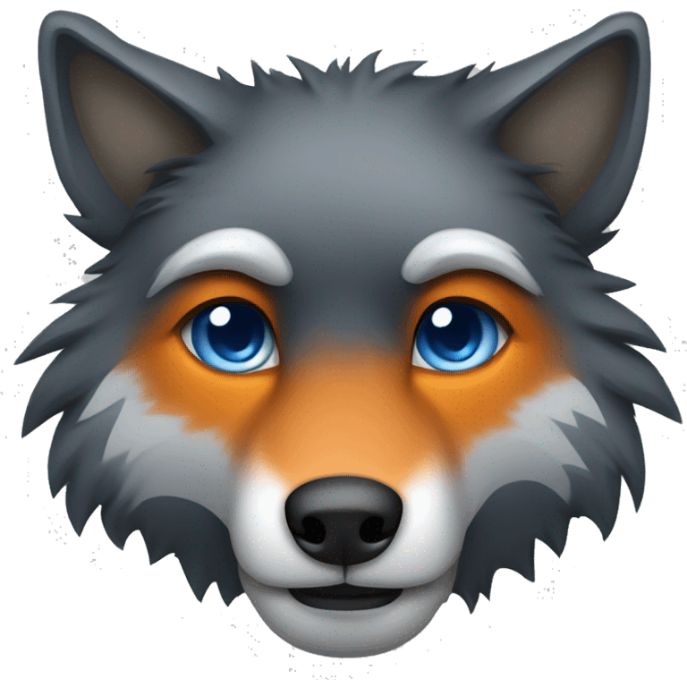 a blacky gray wolf furry head, with right ear orange and left ear blue, right eye blue and left eye orange, sad emoji