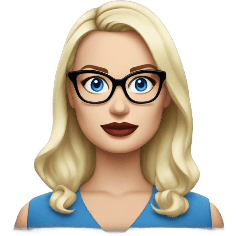 Real margot robbie secretary,  bright blue eyes, wearing black glasses  emoji