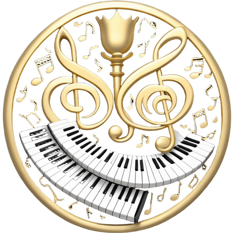 Create an elegant and festive emoji collage representing keyboard instruments, styled like a heraldic emblem. The design should feature a central focal point of black and white piano keys, arranged in a semi-circular or shield-like shape. Around the piano keys, add intertwining musical notes that form flowing ribbons, creating a dynamic and celebratory atmosphere. The design should be professional, with polished silver and gold accents on the keys and notes, highlighting the luxury and sophistication of the instruments. Add subtle shading and lighting effects to give the design a refined, 3D appearance. The background should remain transparent, and the overall feel should evoke grandeur, artistry, and a sense of celebration. emoji