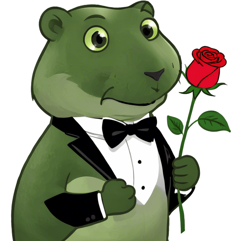 A beaver dressed in a tuxedo is holding a rose in its paws. emoji