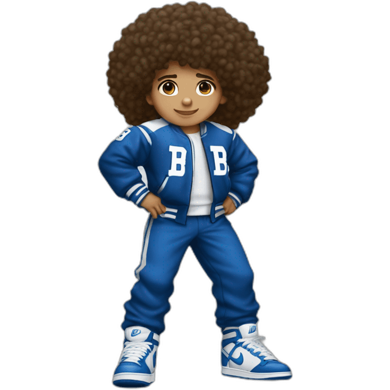 Lightskin boy with curly hair. Wearing a blue and white varsity with a fluffy letter B. and nike dunks and matching pants to jacket emoji