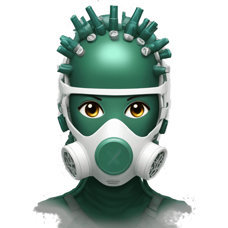 Dark green Mohawk female cyborg head with white respirator mask and circuits emoji