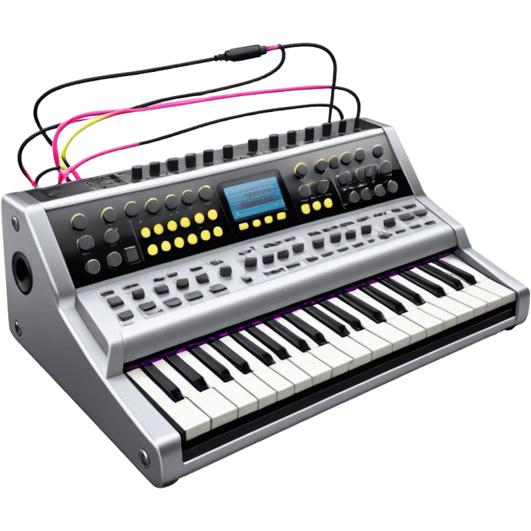 Create a professional and detailed emoji that represents sound design. The design should feature a high-end studio synthesizer, specifically a Korg synthesizer, with a mixing console and control panel, all connected with audio cables. Surround the equipment with flowing sound waves or musical notes to symbolize the creation and manipulation of sound. Use colors like metallic silver, black, and neon accents to emphasize the technical, creative nature of sound design. The background should be transparent. emoji