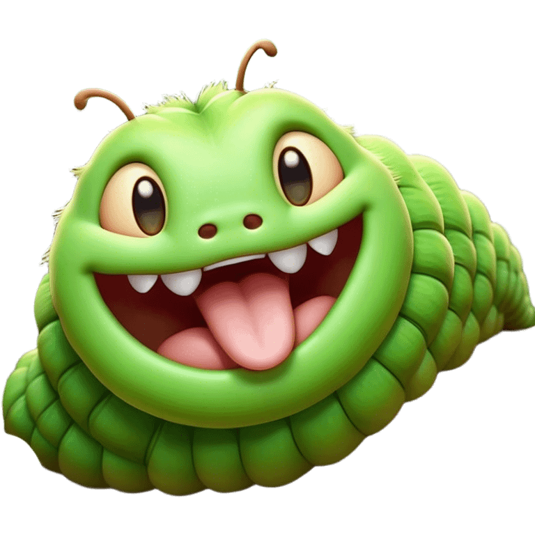 Cinematic Realistic Cute Yawning Caterpillar Portrait Emoji, Head tilted slightly with a dramatic, wide-open yawn, showcasing a soft, downy segmented body in vivid green with subtle drooping and half-closed, drowsy eyes, rendered with intricate natural texture and gentle shadows, high shine, relaxed yet expressive, styled with a dash of woodland charm, soft glowing outline, capturing the essence of a sleepy yet affectionate caterpillar that appears ready to stretch out and rest among the leaves! emoji