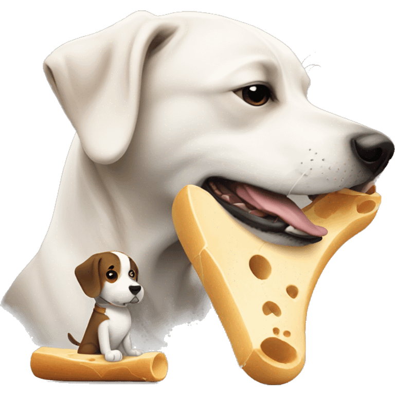 A dog eating a bone while a kid is watching emoji