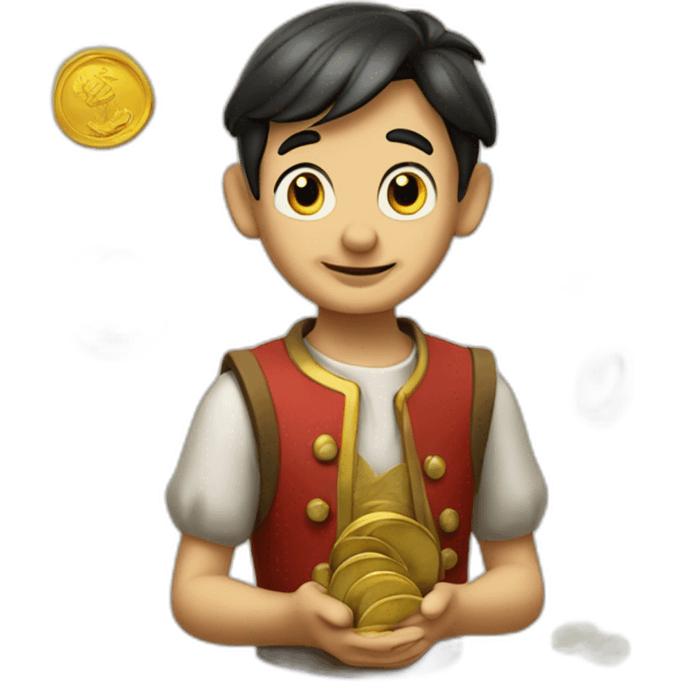 Pinocchio and 5 gold coins emoji