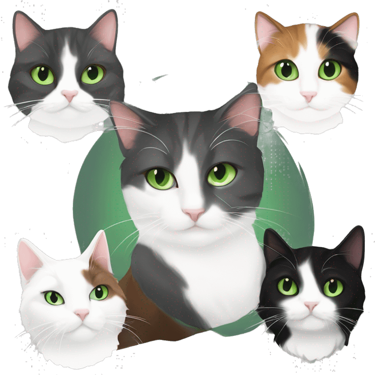 gray and white tuxedo cat with green eyes cuddling with long hair brown black and white calico cat with green eyes emoji